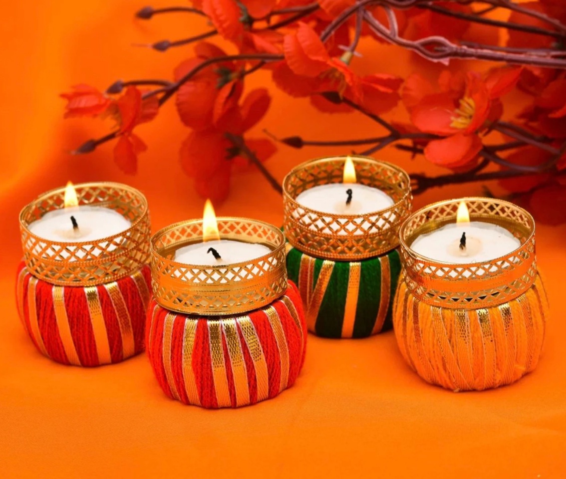 Drum Dholak Tealight Candle Holder Stand Set - Diwali Decoration Items for Home Decor Diyas Indoor Outdoor Office Gifting - Diwali Décor (Multicolor)